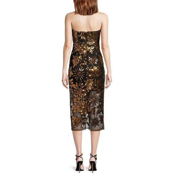 MILLY Sz 0 XS Kait Dress Gold Black Sequin Holiday Nights Strapless Midi - Picture 9 of 11